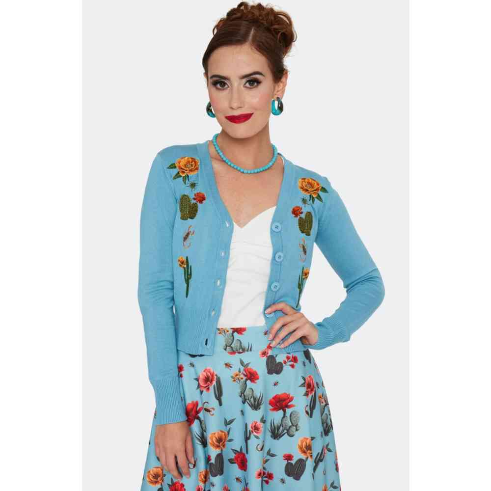 Voodoo Vixen - Desert Floral Cactus Embroidery Cardigan - Blauw